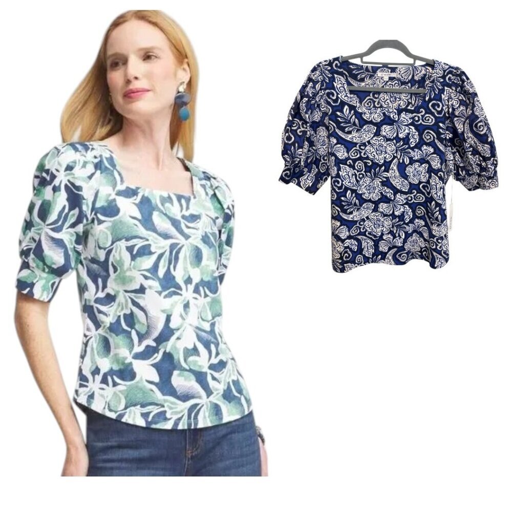Chico's Bogata Square Neck Puff Sleeve Top Blue Grotto